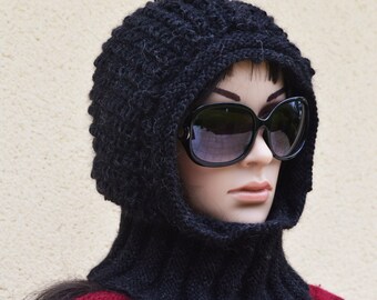 Black unisex hood in Alpaca pattern. Minaben creation.