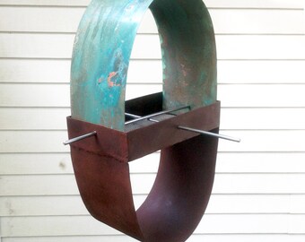 Sculptural Steel & Copper "Pill" shaped Bird Feeder - Freestanding unique modern bird feeder