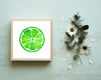 Miniature Lime Art Print, Tiny Art Prints, Kitchen Art Prints, Small Art, Small Paintings, Fruit Wall Art, Dorm Decor, Small Acrylic 4x4