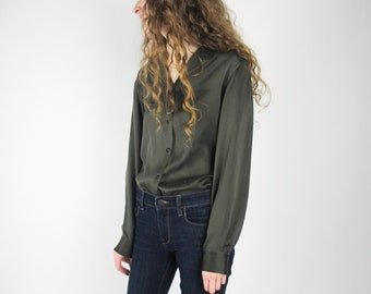 Forest green silk shirt / S / vintage 90s simple minimalist blouse button-down collar long sleeve career casual soft matte silk
