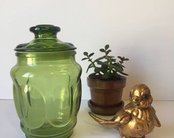 Vintage Apothecary Jar, Green Glass Canister, Mid Century Kitchen, Kitchen Storage Container, Retro Kitchen, Storage Jars, Green Glass Jar