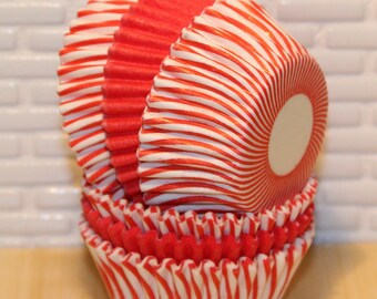 MINI Red Striped & Solid Cupcake Liners (Qty 40) Mini Red Striped Baking Cups, Mini Red Cupcake Liners, Mini Red Striped Baking Cups