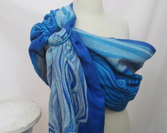 Ring Sling Baby Carrier Wrap Conversion Lenny Lamb Blue Waves - thick toddler sling/rings on left- DVD included - Gathered shoulder
