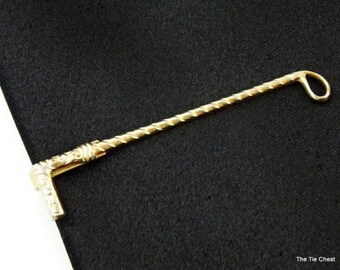 Equestrian Whip Vintage Tie Bar Clip Gold Tone Jockey 2" 5cm