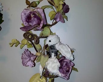 White finch rose garden, textile art, soft sculpture, ooak