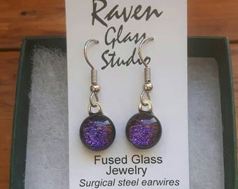 Purple dichroic glass earrings, Fused glass jewelry, Art glass earrings, Dangle earrings, Kiln fired glass earrings, Fused glass, EA142