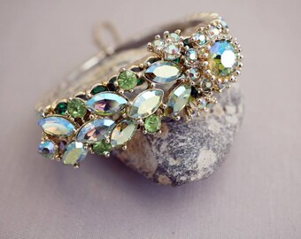 Vintage Rhinestone Bracelet Sparkly Shades of Green Rhinestone Bracelet