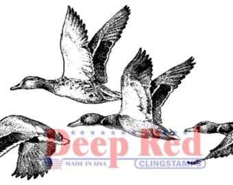 Deep Red Rubber Stamp Flock of Ducks Flying