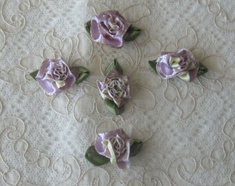5 Small Ribbonwork Floral Appliques - Mauve, Yellow & Green Satin Ribbon - Crafts, Sewing, Crazy Quilt, Scrapbooking, Dolls