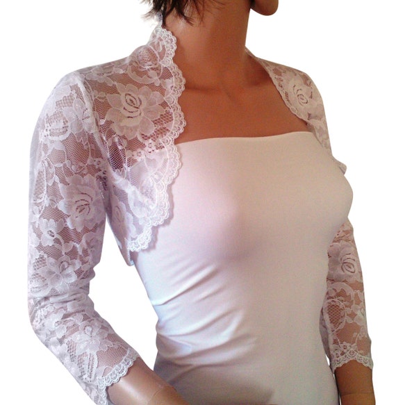 Ladies White Chantilly Look Bridal Lace Bolero/Shrug 3/4