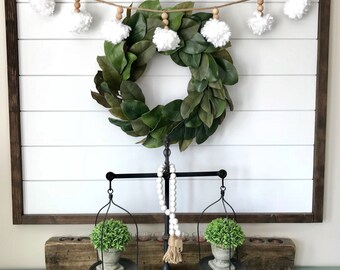 Pom Pom Garland. Wood Bead Garland. Yarn Pom Pom. Wood beads. Fireplace Garland. Nursery decor. Wedding decor.