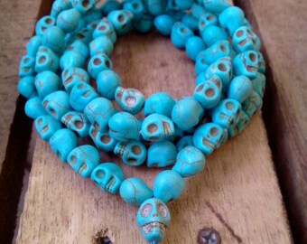 Turquoise Carved Skull Head 108 Prayer Beads Mala Necklace