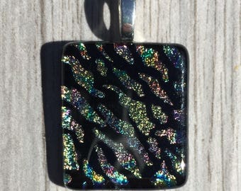 Dichroic Fused Glass Pendant - Rainbow Dichroic Tiger Stripe Pattern on Black Glass Pendant