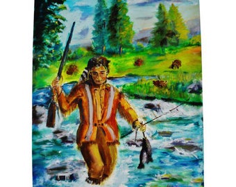 Oil on Canvas Signed Painting of Native American Indian Fishing