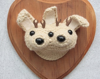 Faux Taxidermy Conjoined Twin Jackalopes, Tan Bunnies on Stained Wood Plaque
