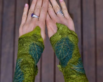 Nuno Felted Fairy Cuffs-Fairy Gloves-Pixie Arm Warmers-Felt Cuffs-Woodland Costume-Silk Gloves-Festival Wear-Felt Leaf Cuff-Pixie Wear OOAK