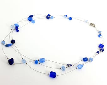 Shades of Blue Glass Three-strand Necklace