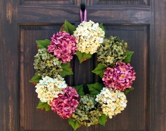 Spring Hydrangea Wreath for Front Door, Wreath for Summer, Hydrangea Wreath, Spring Wreath, Summer Wreath, Pink Cream Green Wreath for Door