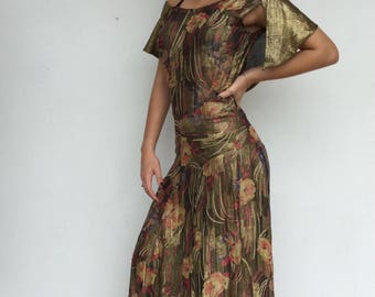 Stunning 20s floral handstitched off the shoulder metallic lamè gown