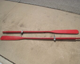 Pair of Vintage Red Row Boat Oars Chippy Paint Nautical Coastal Lake Cottage Waterfront Shore Decor