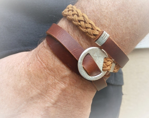 Mens Wrap Bracelet, Men Leather Bracelet, Leather Wrap Wristband, Chunky Wrap Bracelet, Brown Leather Wristband, Adjustable Wrap Bracelet