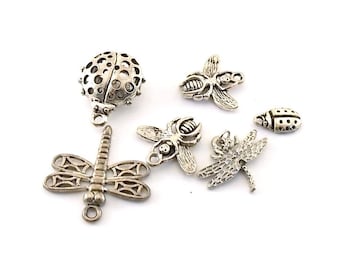 10 Antique Silver Bugs and Butterfly Charms