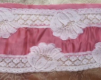 A34 Vintage Silk Pink Lace Edging Salvage Floral 45" Around Trim Lingerie Repair