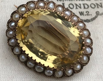 Antique Victorian 9ct Gold Citrine and Seed Pearl Brooch / Pin