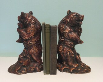 Bear Bookends, Brown Bear Holding A Salmon, Lakehouse, Cabin, Cottage Decor, Nature Inspired Office/Library Decor, Bear Love Figurine, Giftr