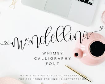 Mondellina Script + 6 logo pack / Script Font / Calligraphy Font / Modern Calligraphy / Digital Font / Wedding Font / Invitation Font