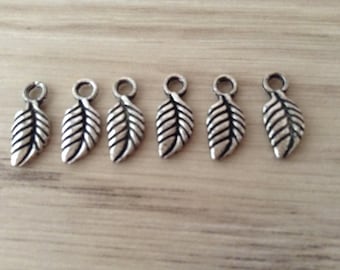 6 x antique silver metal leaf charms