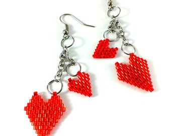 Statement Jewelry Red heart earrings Red earrings Heart charm dangle earrings Heart jewelry Dangle earring Beaded earrings Red heart