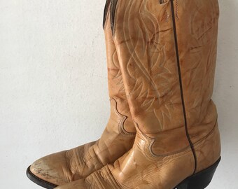 Orange leather cowboy boots Justin style , western cowboy boots man size 9 1/2 -10.