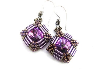 Amethyst Swarovski Crystal Rivoli Beaded Drop Earrings Handmade, Bali Silver ear hooks, Miyuki Bugle Beads
