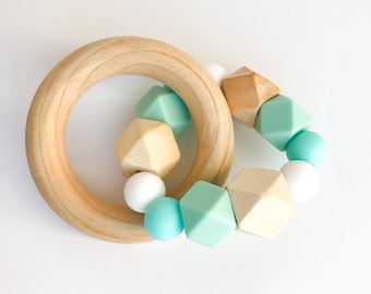 Teether Ring - hexagons & mint