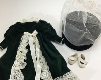Vintage Dark Green Velveteen Dress and White Shoes for a 16 inch Doll