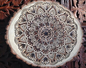8.5" Wood Burned Mandala Slice - Handmade Wall Hanging, Sacred Geometry Art, Bohemian Wall Art