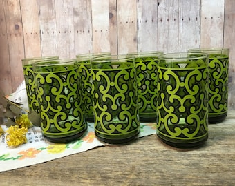 Vintage Set Drinking Glasses/Set of Seven/Green/Black/Retro/Mod