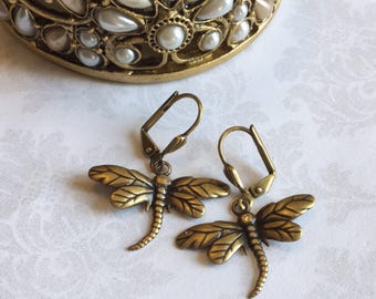 Dragonfly Earrings, Gold Dragonfly Earrings, Dragonfly Jewelry, Steampunk Earrings, Antique Gold Jewelry, Antique Gold Earrings