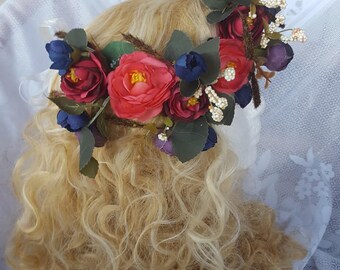 Rose Pink Flower Wedding Crown, Bridal Flower Crown, Bridesmaid Floral Crown, Flower Girl Floral Crown,Flower Halo, Fairy Flower Crown