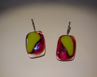Striking Apple Green and Red Fused Glass Earrings