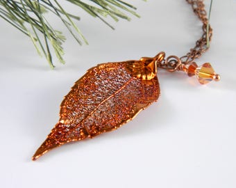 Autumn Leaf Pendant on 20 inch Chain, Copper Dipped Real Laurel Leaf Necklace
