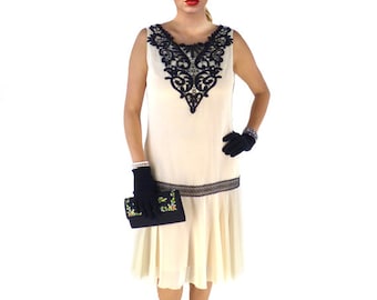 Retro Flapper Dress, Great Gatsby Dress, Flapper Costume, 1920s Dress, 20s Dress, Roaring 20s Dress,Downton Abbey Dress,Cream Chiffon,Black