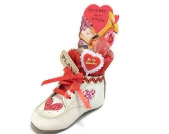 Valentine Baby Shoe Assemblage | Get In Step Vintage Valentine Card in Baby Shoe