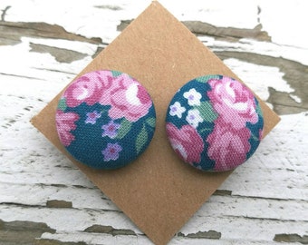 Vintage Fabric Button Earrings Studs Posts - Pink Roses with Blue Background - 3/4"
