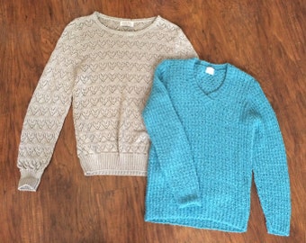 70s Sweaters Blue Gray Acrylic Vintage Knit S