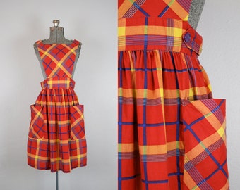 1970's Cotton Primary Colors Pinafore Sun Dress / Size Small
