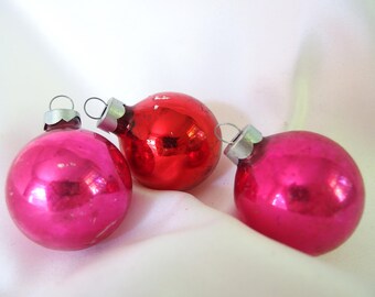 3 Christmas Ornaments, Small Hot Pink and Red Vintage USA Baubles