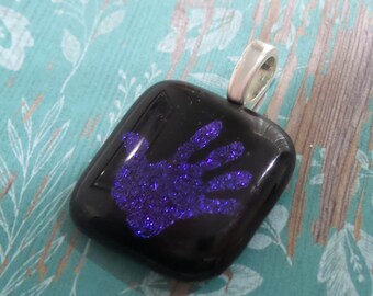 Fused Glass Pendant, Hand Symbol, Indigo Blue Dichroic, Chameleon Glass, Ready to Ship, Fused Glass Jewelry - High Five --6