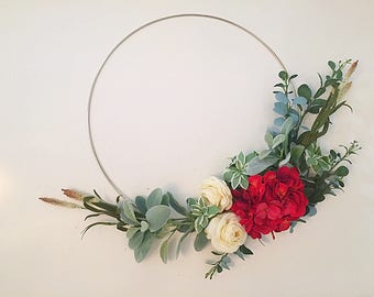 hoop wreath, modern wreath, door wreath, front door wreath, wreath, wreaths, spring wreath, red wreath, door wreath, front door wreath